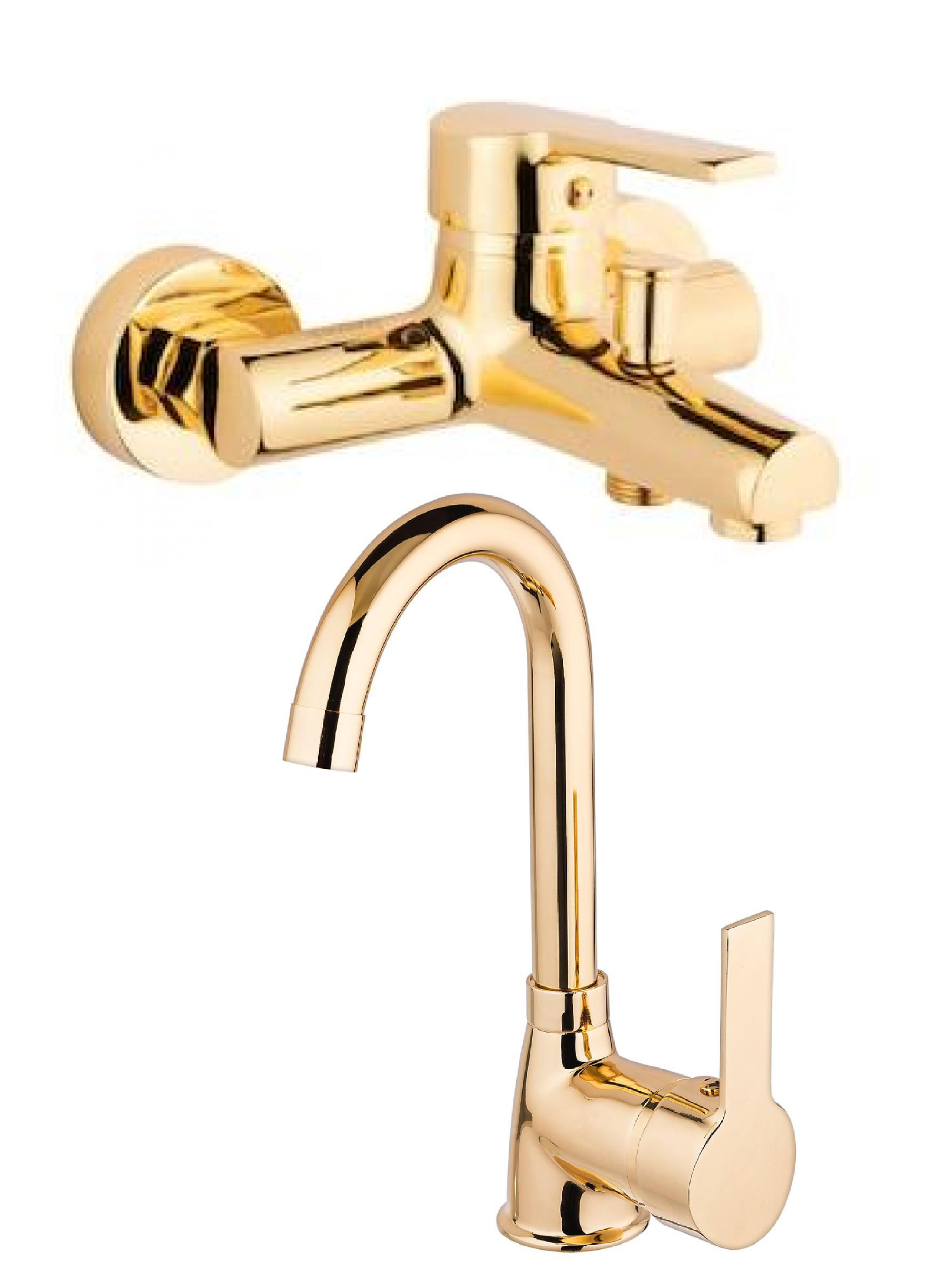 2’li Set Kaliteli Gold Renk Lüx Gövde Banyo Ve Banyo Lavabo Musluğu Batarya