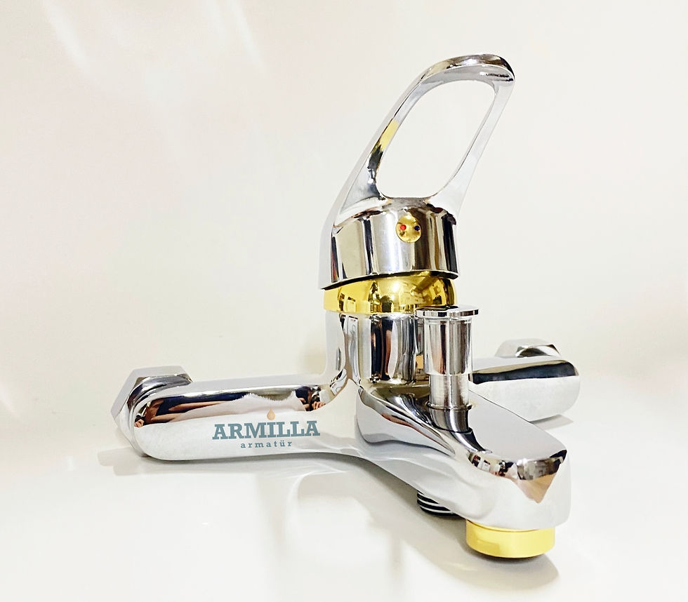 Küçük resim: Balık Sırtı Borulu Krom Gold Banyo Mutfak Lavabo Musluğu Bataryası 3’lü 