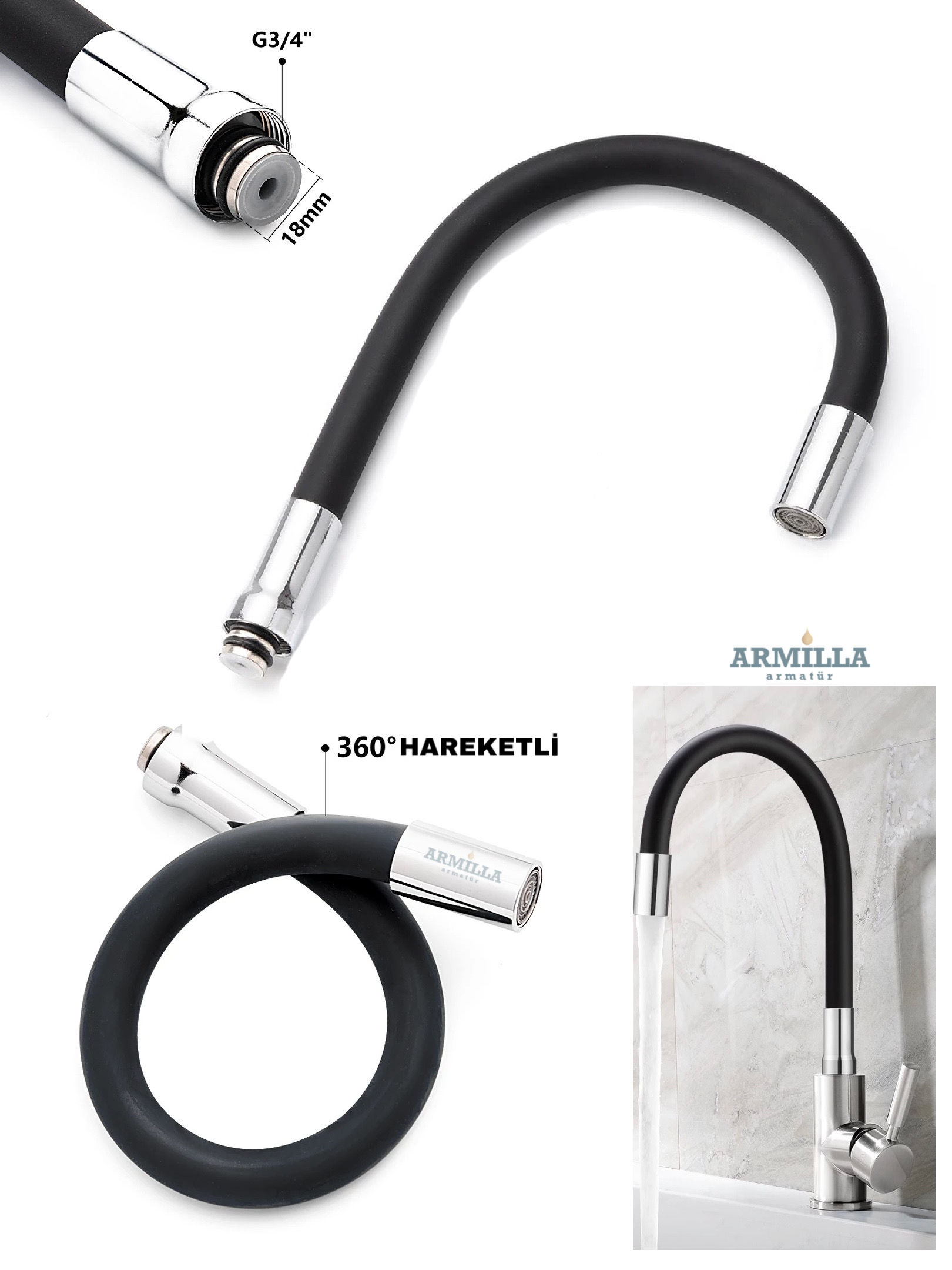 360 Derece Hareketli Musluk Batarya Borusu Siyah Mutfak Ve Lavabo Batarya Borusu