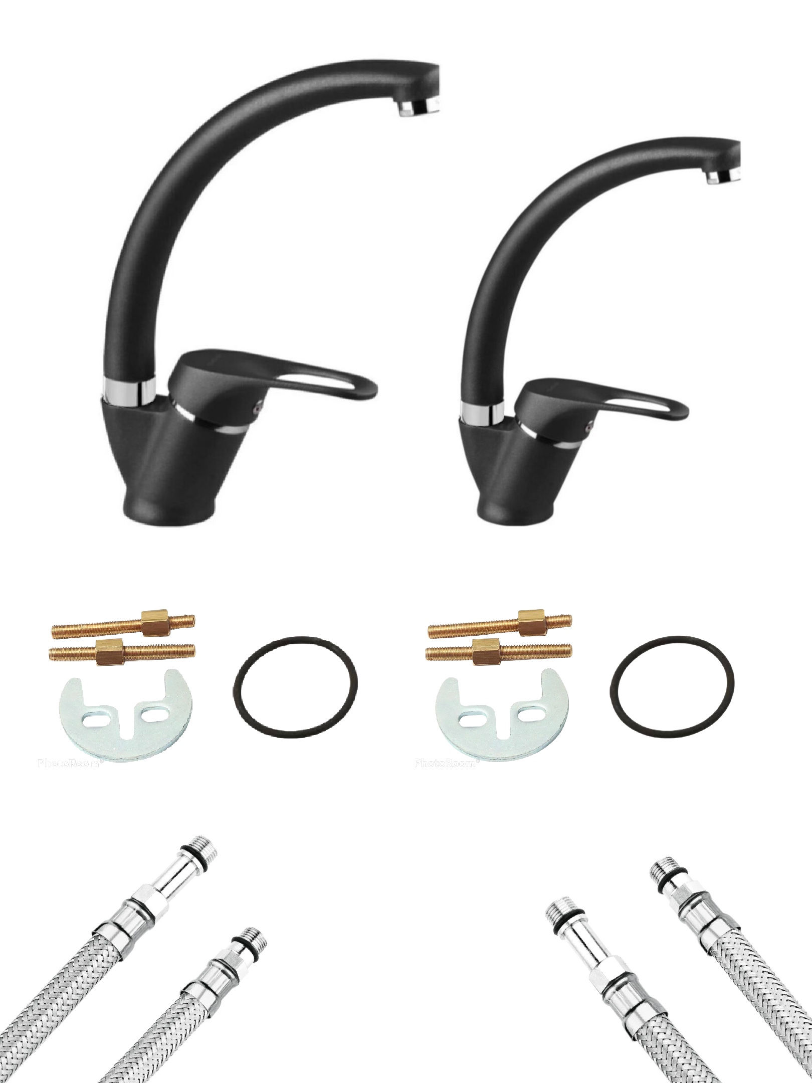 2’li Set Siyah Krom Mix Kuğu Mutfak Ve Banyo Lavabo Musluğu Bataryası Nano