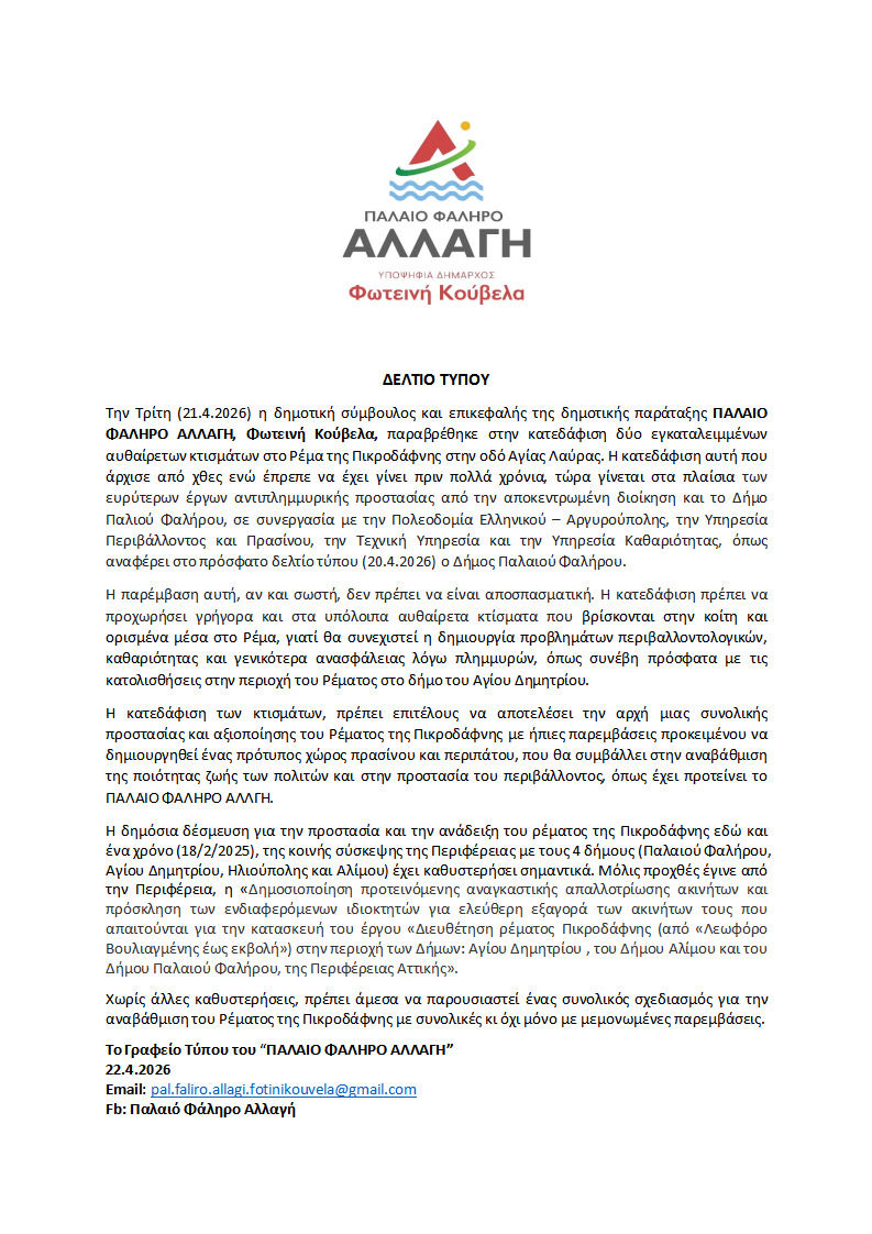 Παλαιό Φάληρο Αλλαγή: Παρέμβαση για το Ρέμα Πικροδάφνης