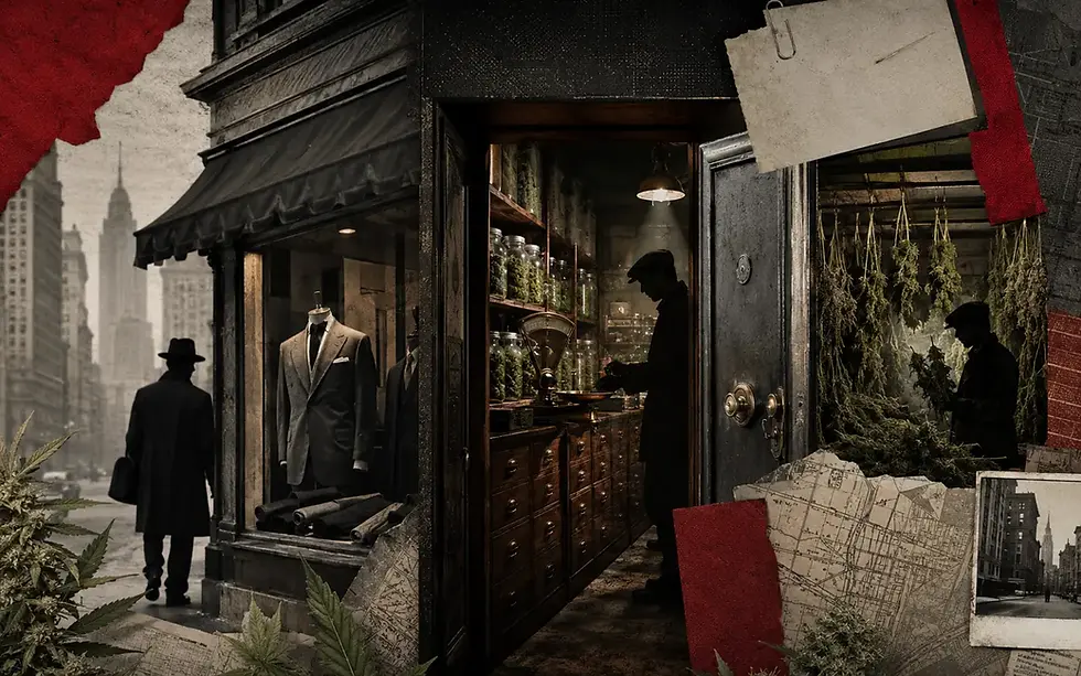 Cannabis product formats in a vintage apothecary setting