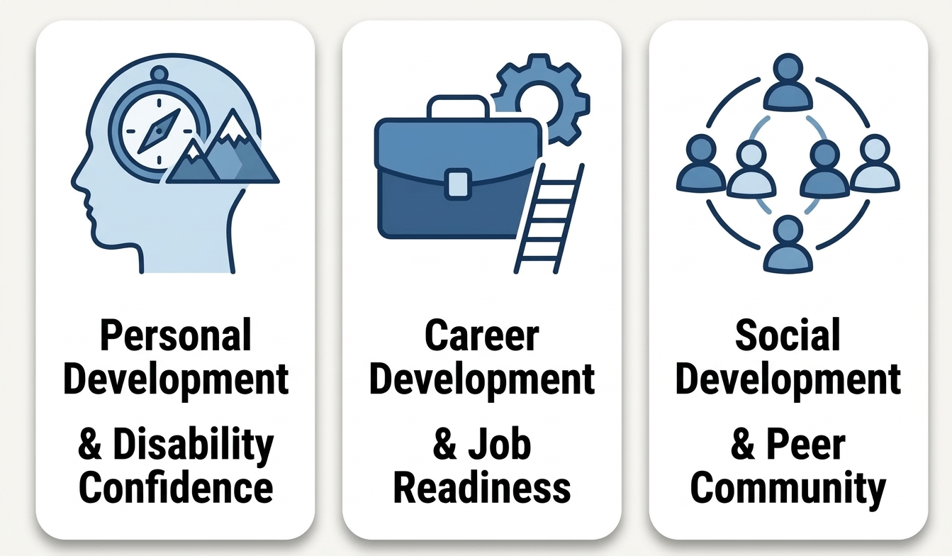 Three areas of the CareER member journey: personal development and disability confidence; career development and job readiness; social development and peer community.