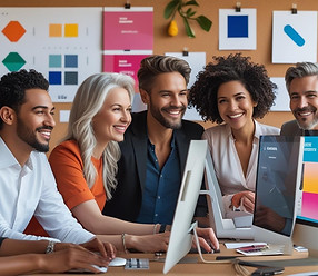 A modern photo of a design team of various aged individuals, stylish and attractive worki