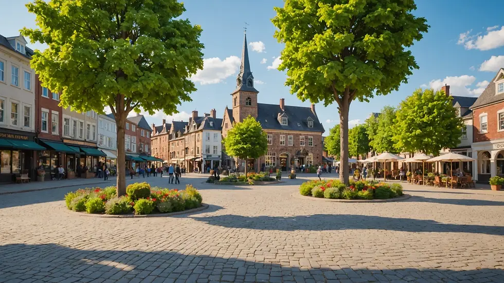 Eye-level view of a small-town community square
