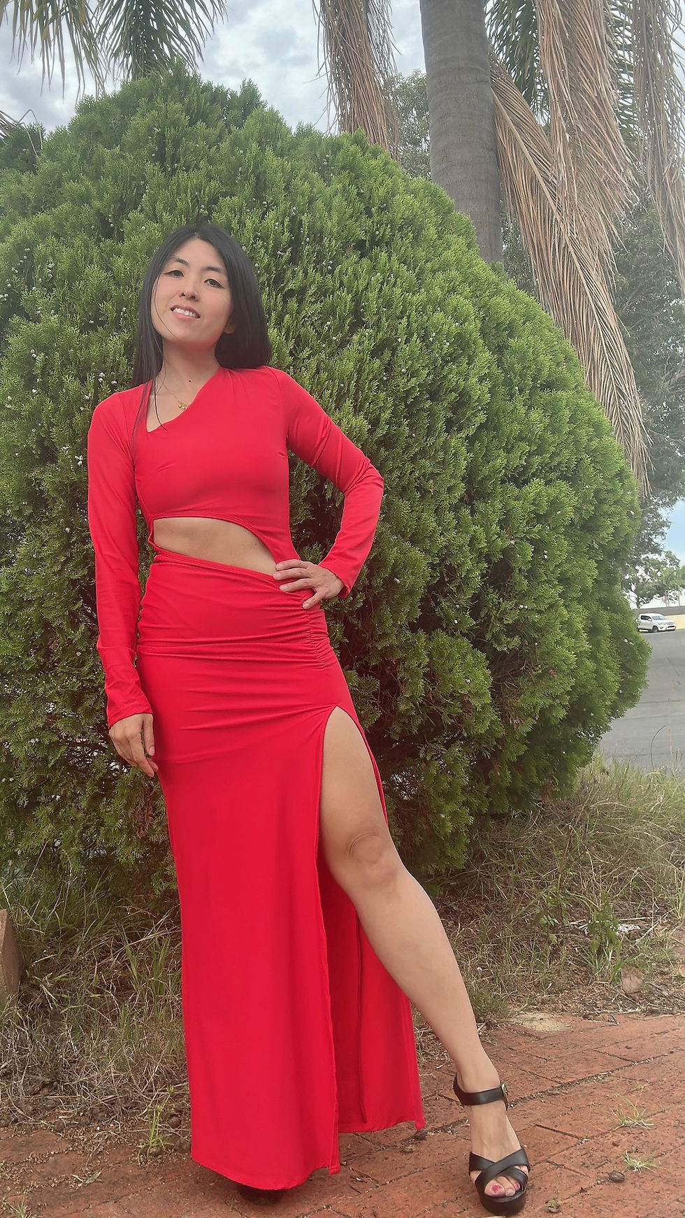 Thumbnail: Asymmetrical long sleeve cutout maxi dress