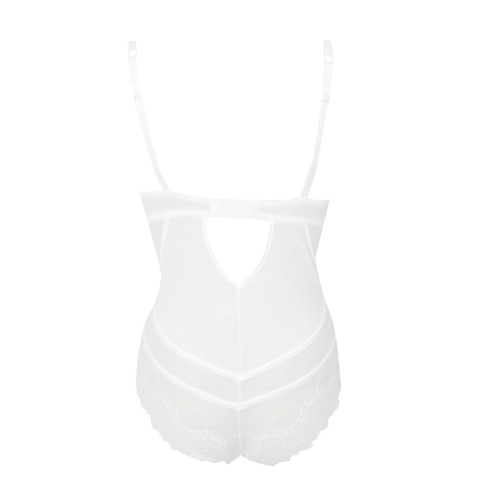 Rhapso Designs Intimates Strappy mesh bodysuit in white BS7W back  view