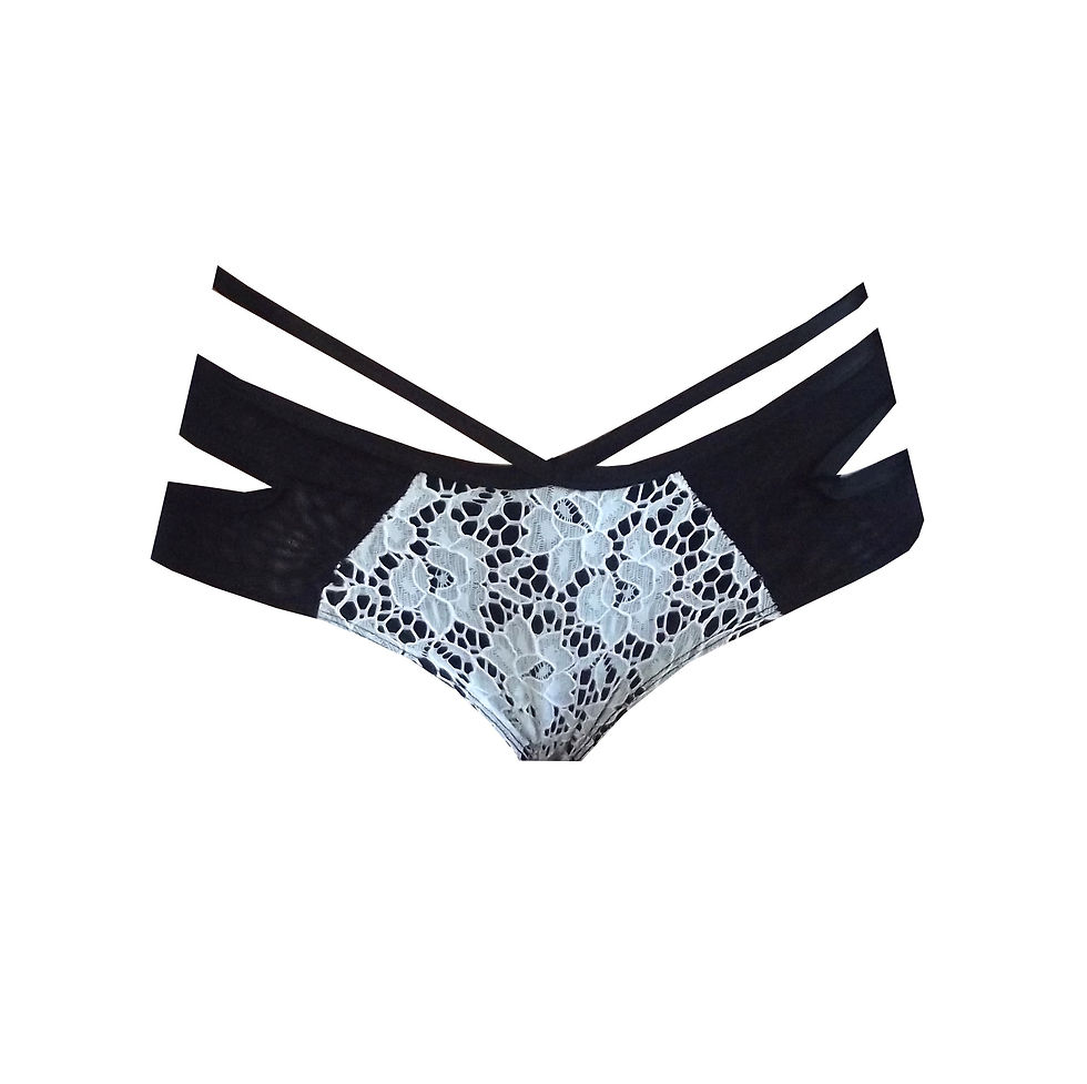 Thumbnail: Rhapso Designs White floral lace on Black feat sheer mesh sides Panty front view