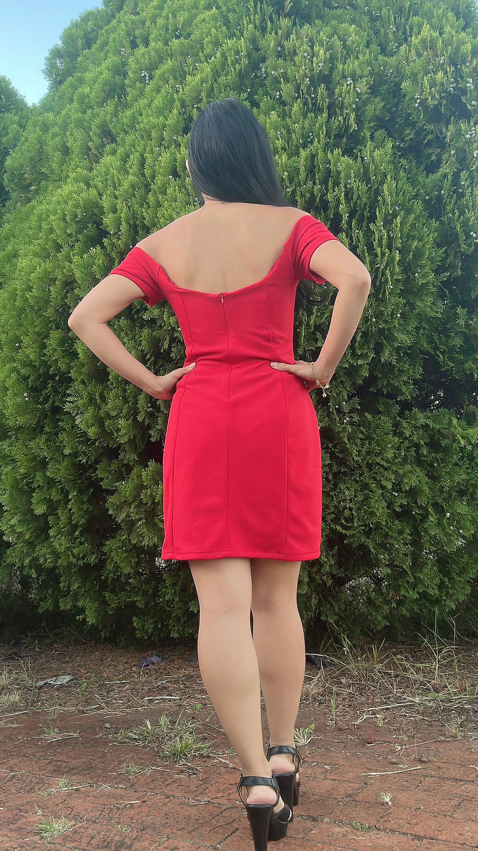 Thumbnail: Rhapso Designs Revenge off shoulder mini dress back view