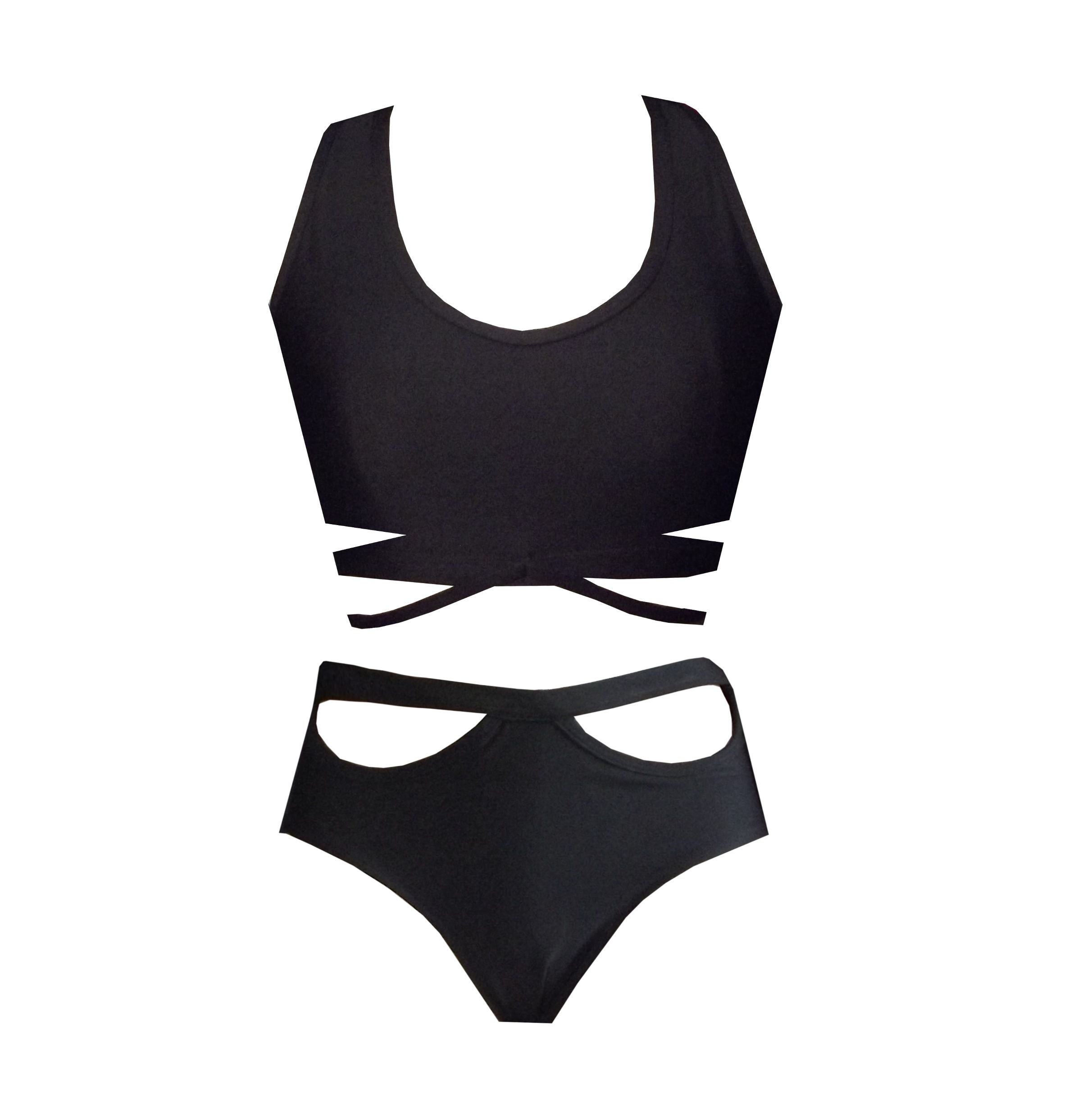 Rhapso's Scallop high waist bikini bottoms and cutout crop top front view
