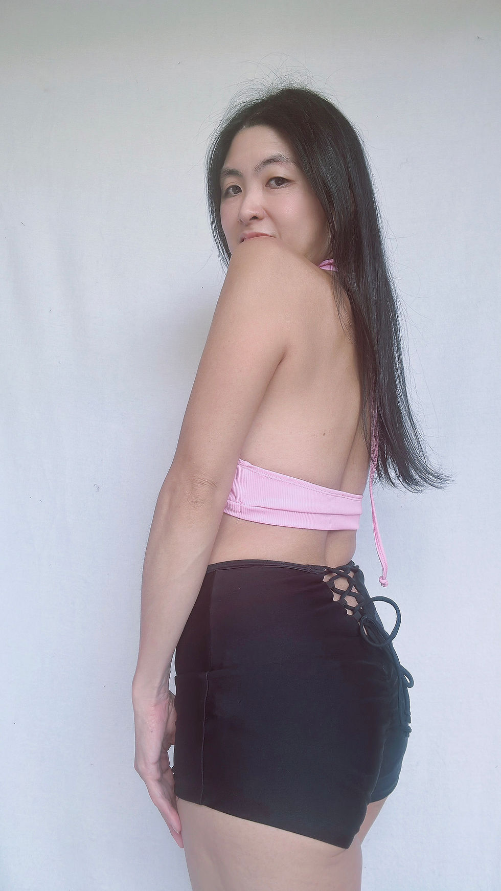 Thumbnail: Powder Pink Recycled Ribbed Keyhole cross over Halter Crop Top BK160