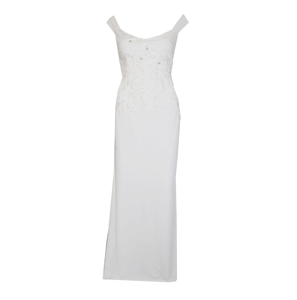 Rhapso Designs Off the shoulder sequin lace bodice ivory wedding dress DR152 front view