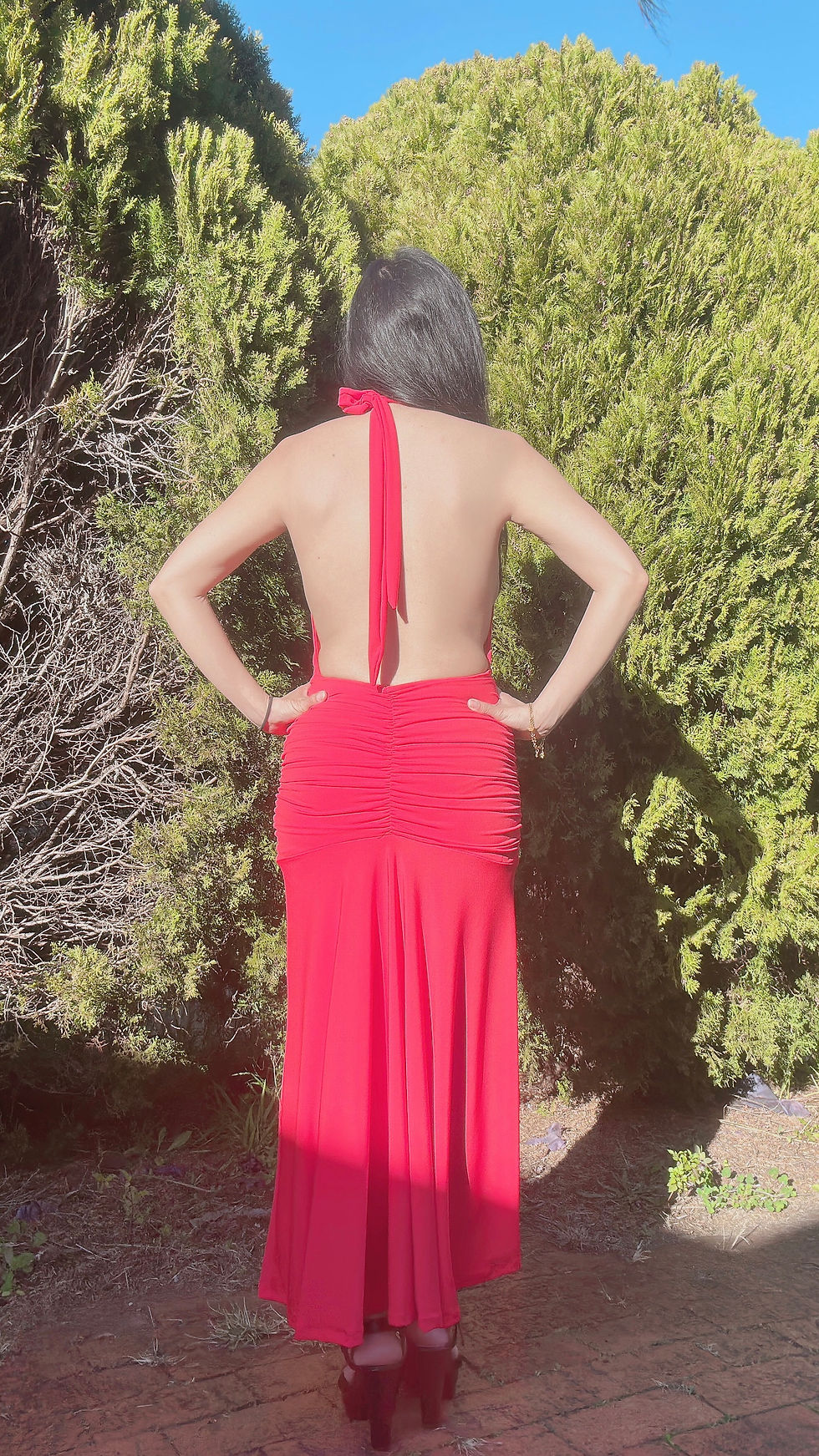Rhapso Designs Fashion Jacinda V neckline crossover halter ruched midi dress back  view
