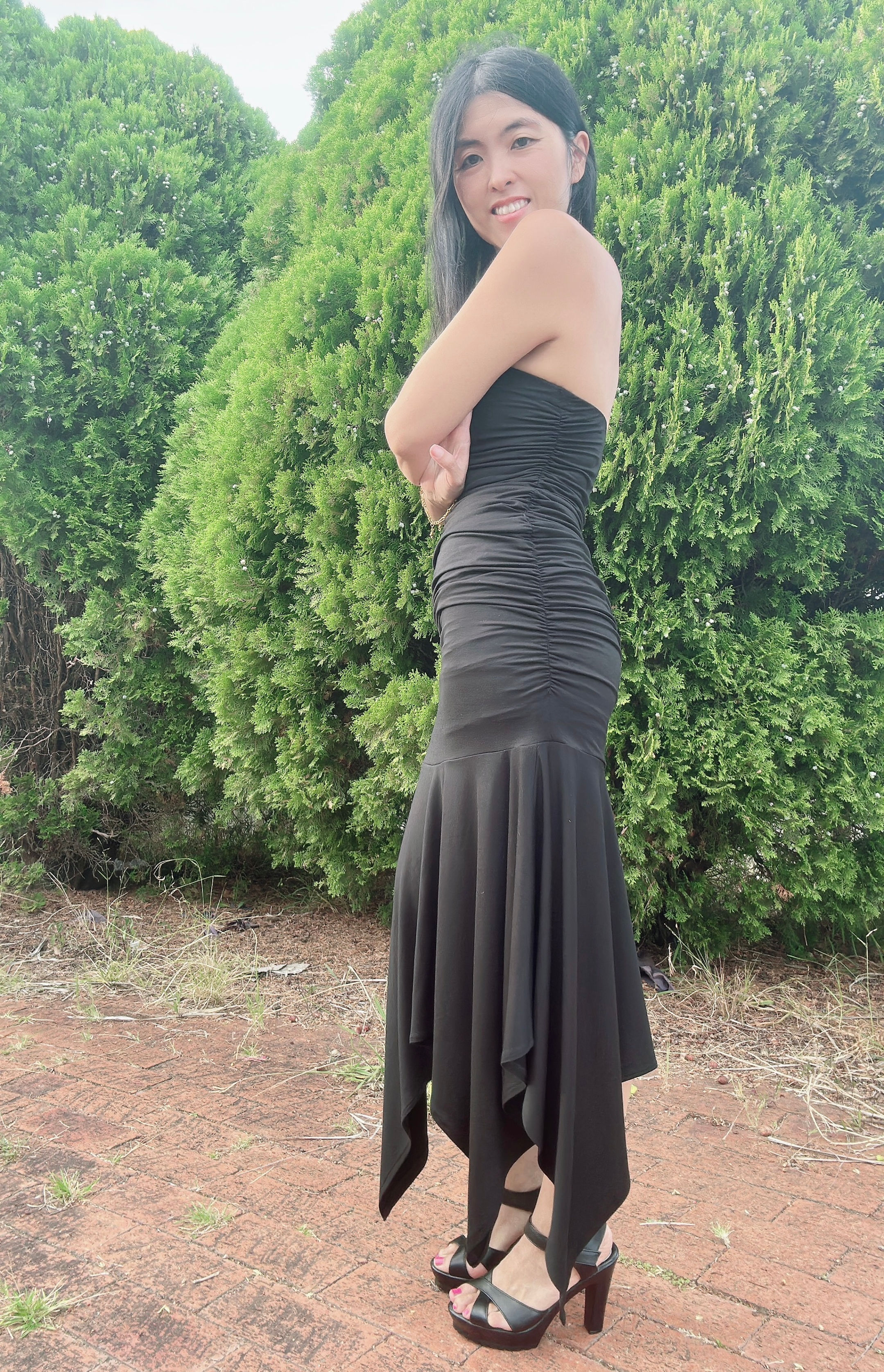 Rhapso Designs Formalwear Strapless hanky midi dress side view