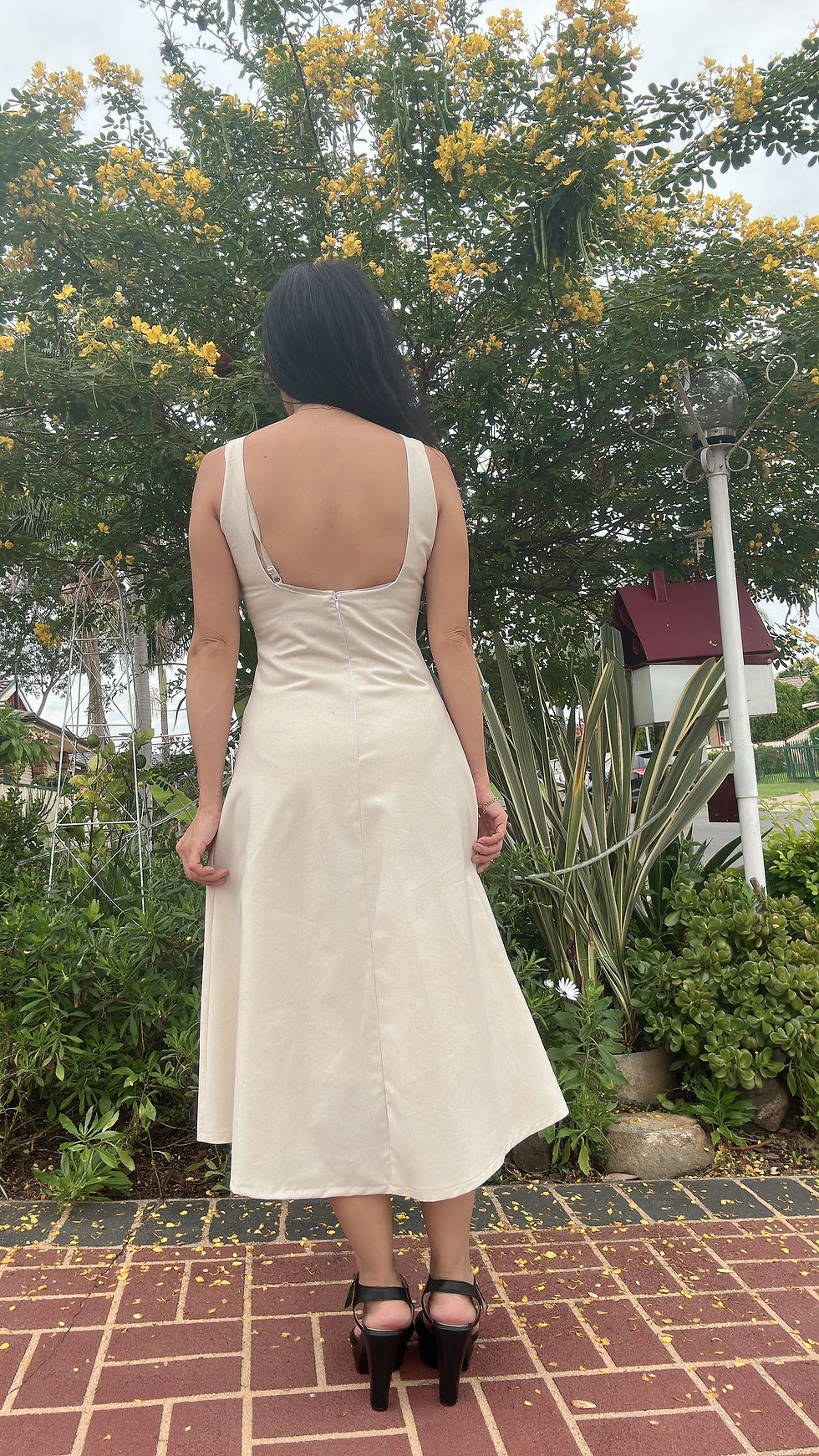 Thumbnail: Rhapso Designs Office wear Tailored A Line linen dress in off white back view