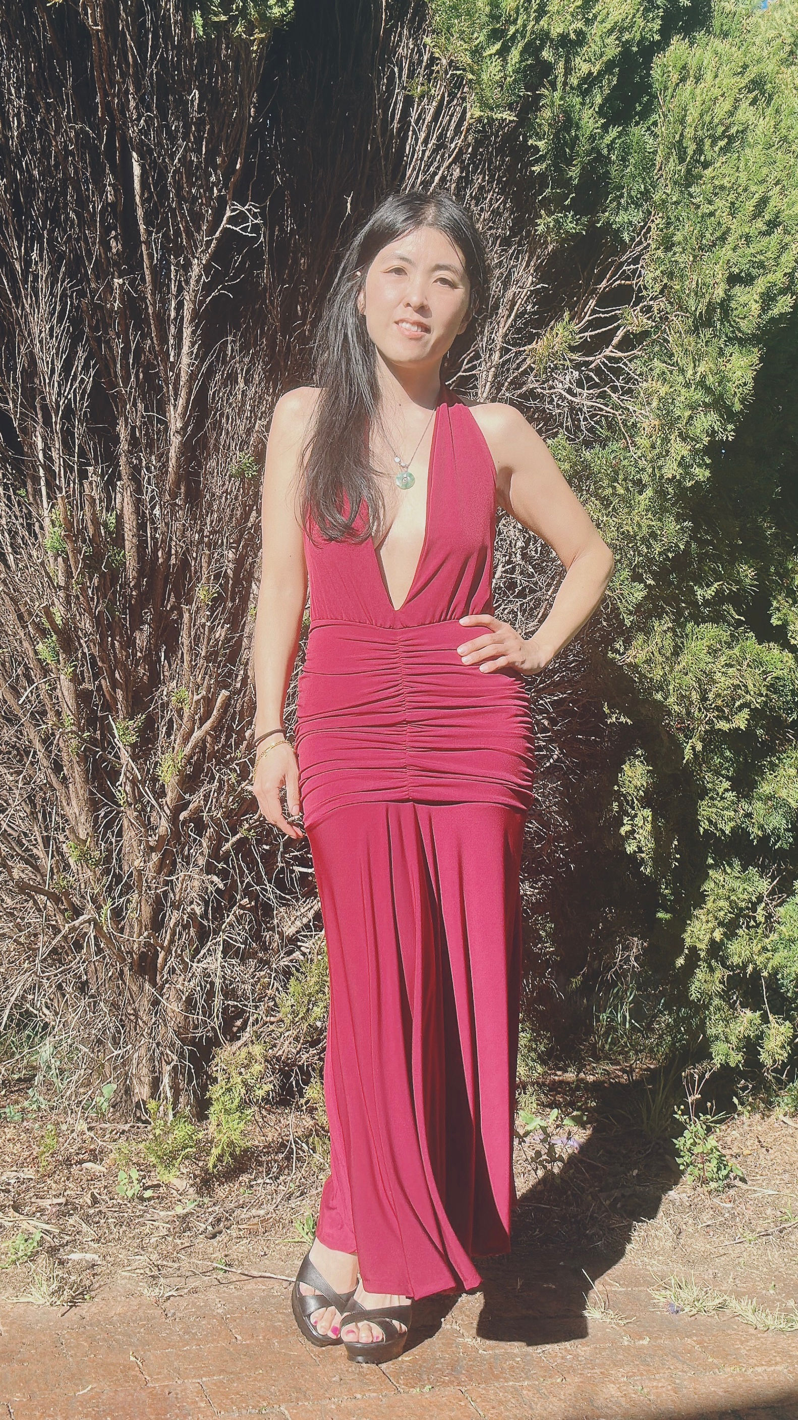 Rhapso Designs Fashion Stella Plunging V halter midi dress with ruching on the skirt DR196 front view