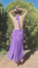 Rhapso Designs Stella Plunging V halter midi dress, ruching on the skirt DR196 in pop purple back view