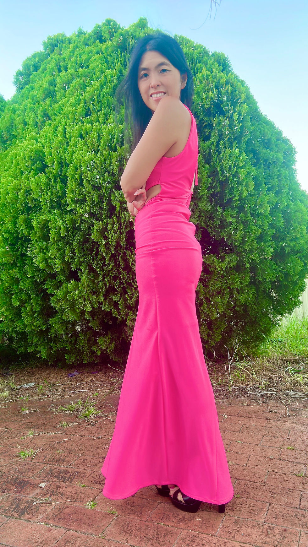 Thumbnail: Rhapso Designs Formalwear Asymmetrical cutout maxi formal dress side  view