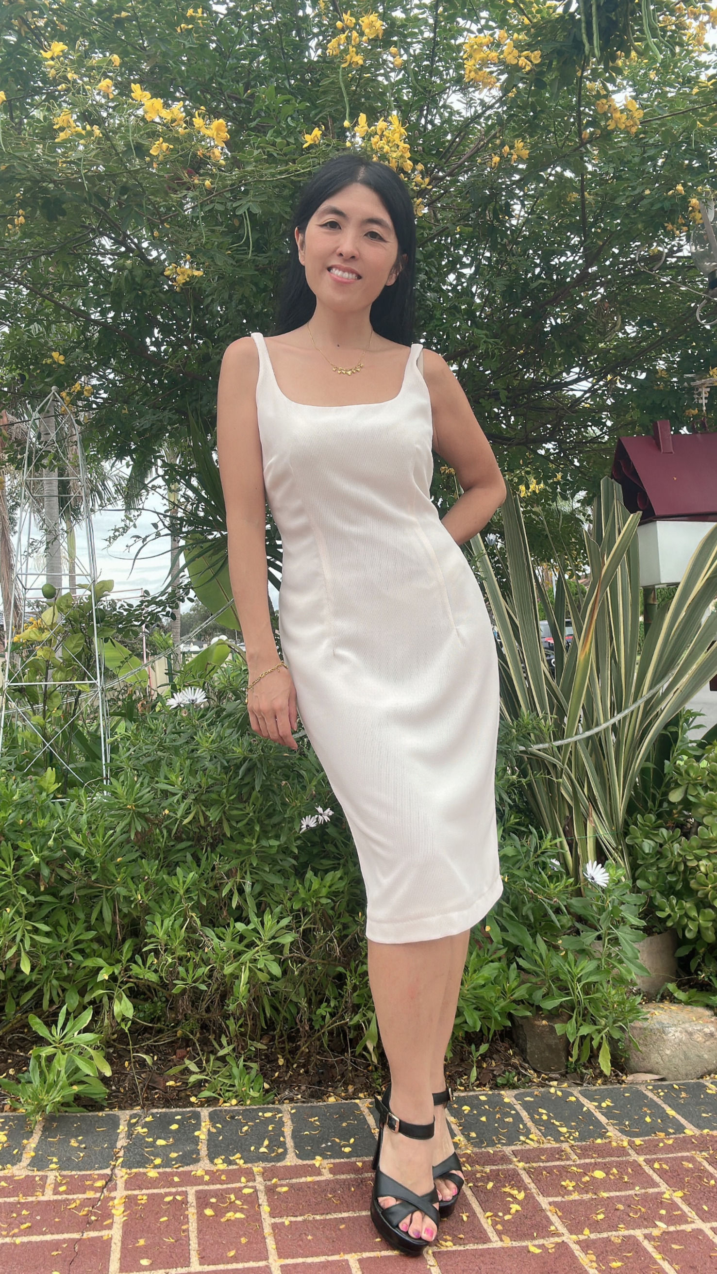 Rhapso Designs officewear Square neck tailored midi dress front view