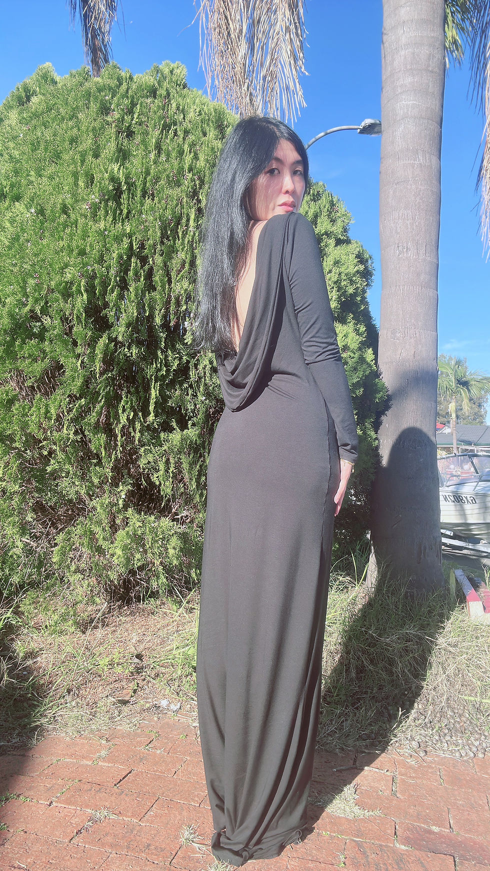 Thumbnail: Long sleeve backless maxi dress in black