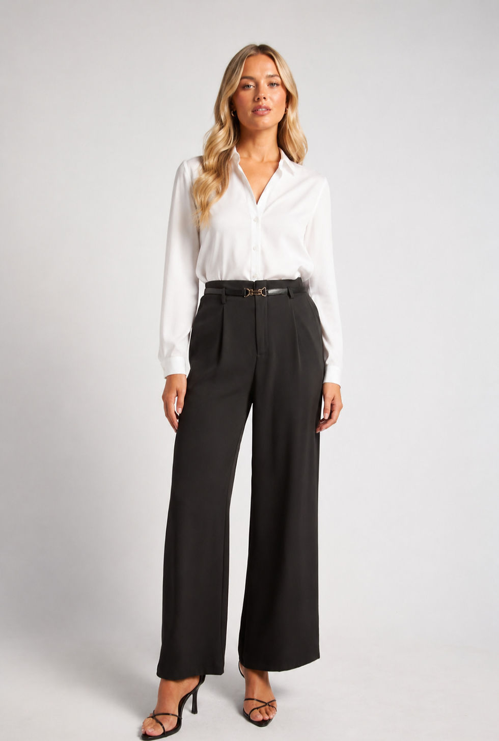 Rhapso Designs gold buckle belt wide leg work pants