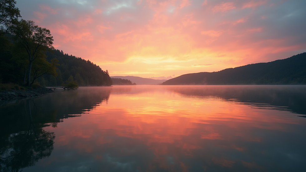 Wide angle view of a tranquil lake at sunset