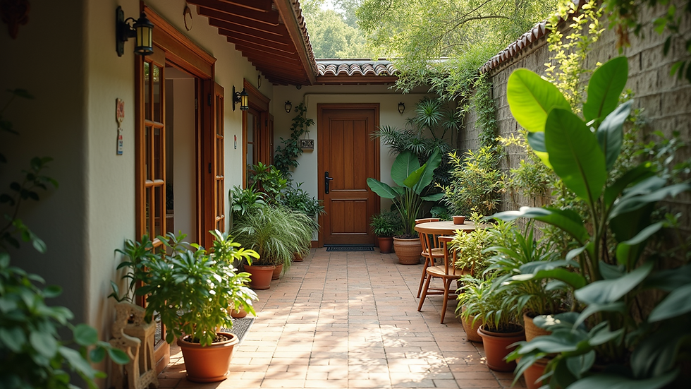 Eye-level view of a cozy guesthouse patio filled with plants