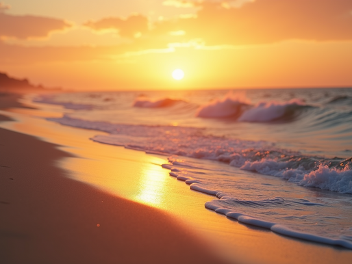 A tranquil beach at sunrise showcasing calm waters