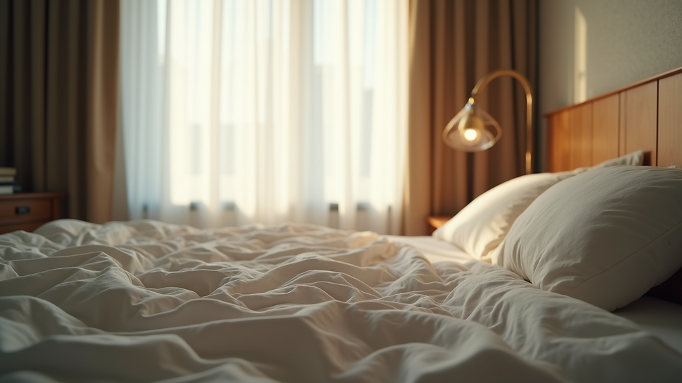 Eye-level view of a tranquil bedroom environment with soft lighting