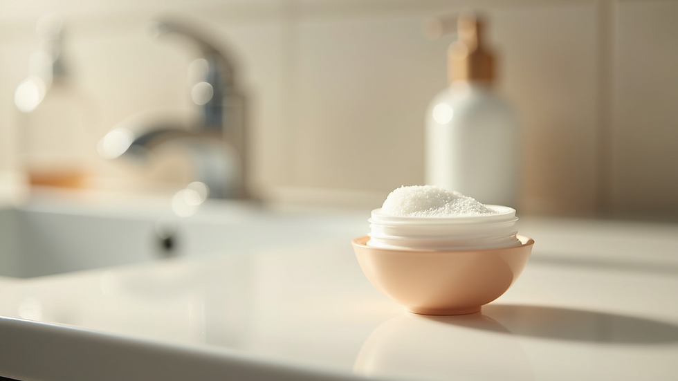 Close-up view of a gentle exfoliating product on a bathroom counter