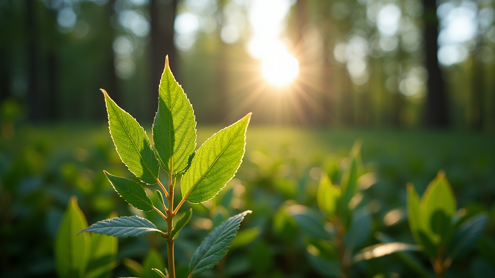 Eye-level view of a leafy plant with sunlight filtering through