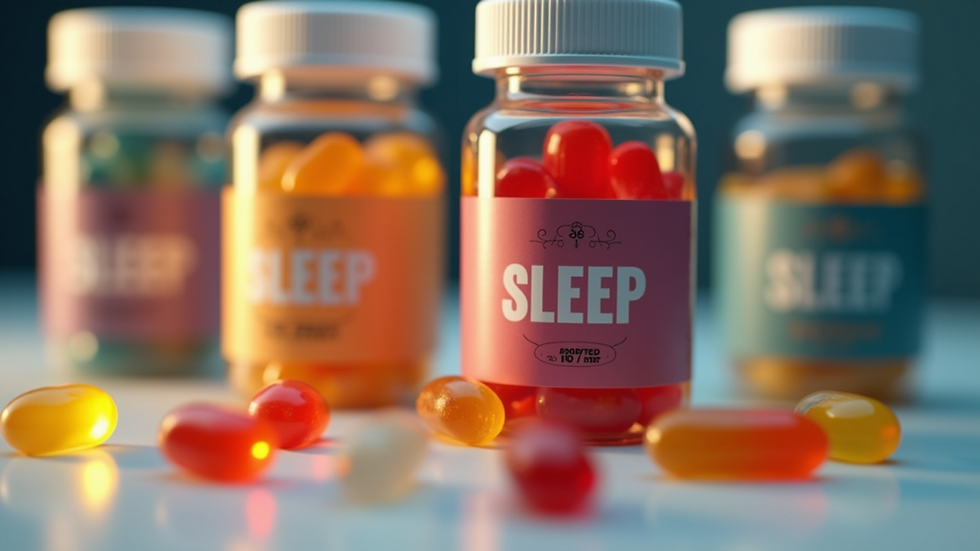 Eye-level view of various sleep gummy bottles with different dosages