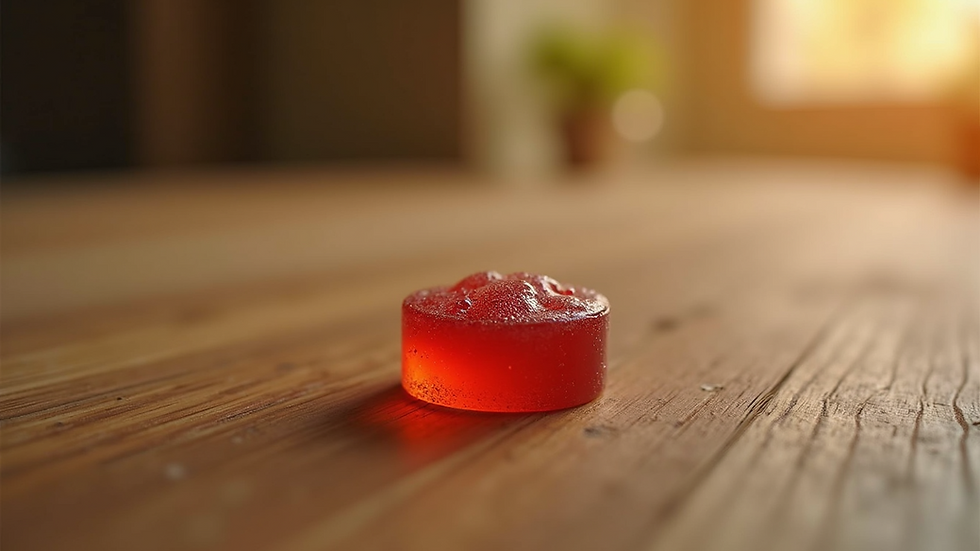 Close-up view of a melatonin gummy on a wooden background