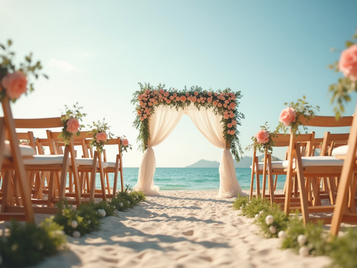 A serene beach wedding venue adorned with elegant floral arrangements.
