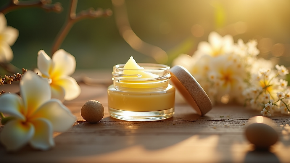 Eye-level view of a jar of lanolin lip balm surrounded by natural elements