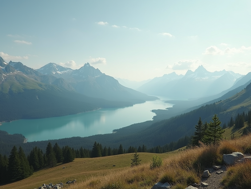 A tranquil spot for a digital detox retreat surrounded by mountains.