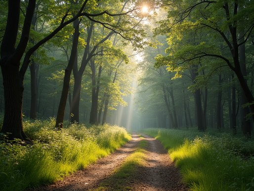 A serene pathway in a lush garden, perfect for peaceful retreats, with sunlight streaming through the trees.