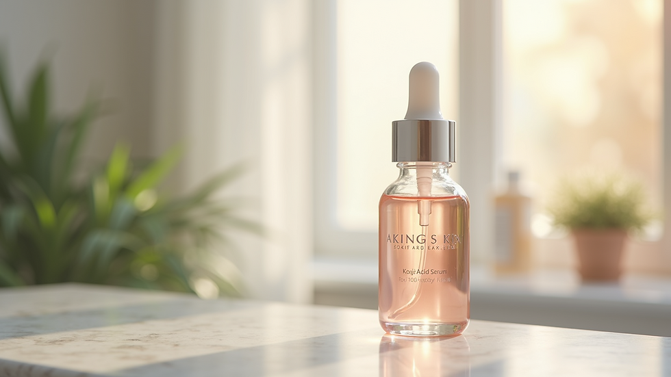 Close-up view of a bottle of kojic acid serum on a marble countertop