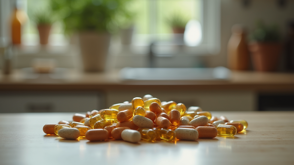 Close-up view of a pile of herbal supplements on a kitchen counter