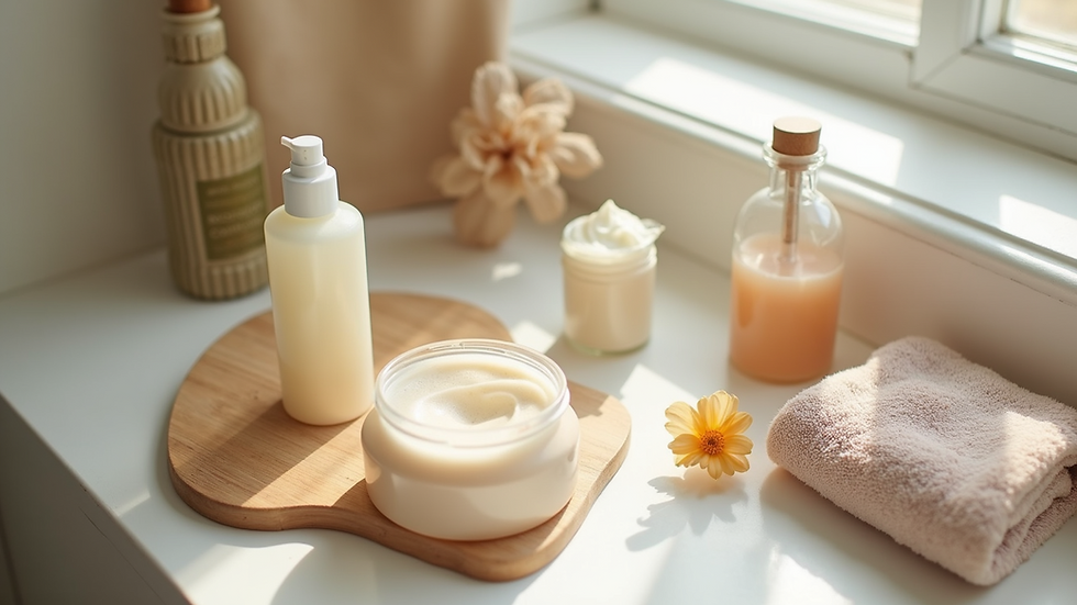 High angle view of a skincare routine setup with natural products