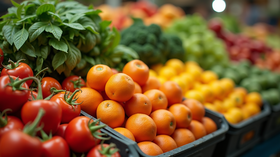 Eye-level view of an array of fresh fruits and vegetables