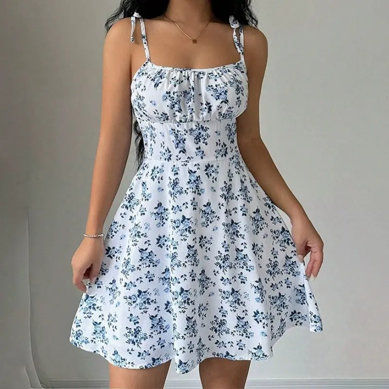 Women's Summer Floral Spaghetti Strap Beach Short Dress,Womens Dresses,Woman