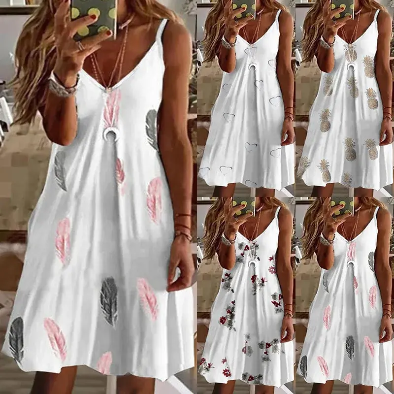 Dress Women Summer 2022 Europe New Women's Sexy V-Neck Loose Printed Strap
