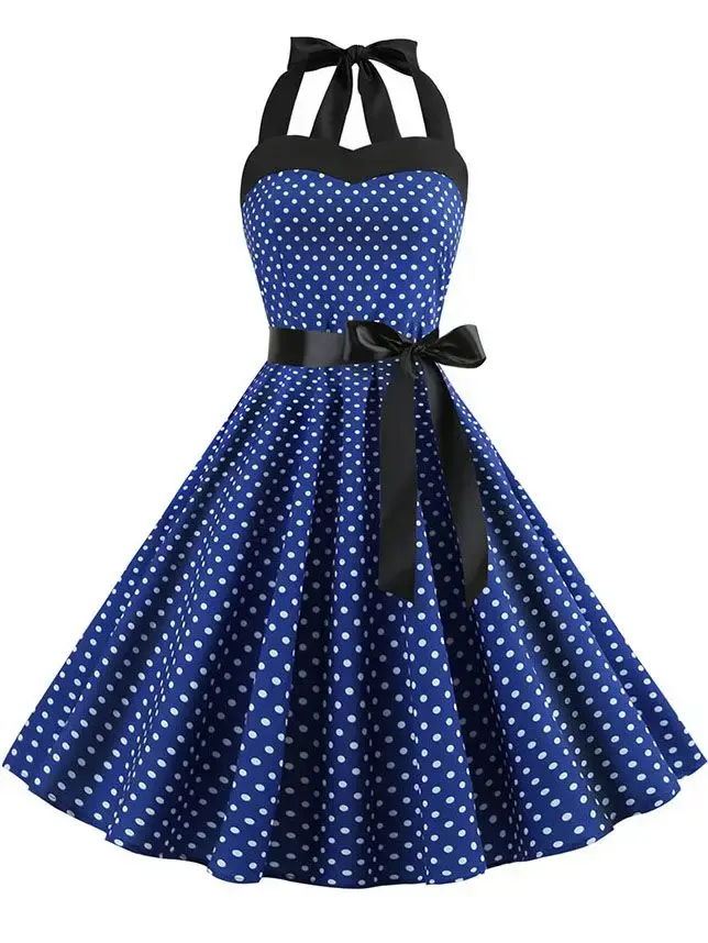 Thumbnail: Vintage Dress Women Summer Sexy Polka Dot Print Halter Party Dresses Vestidos