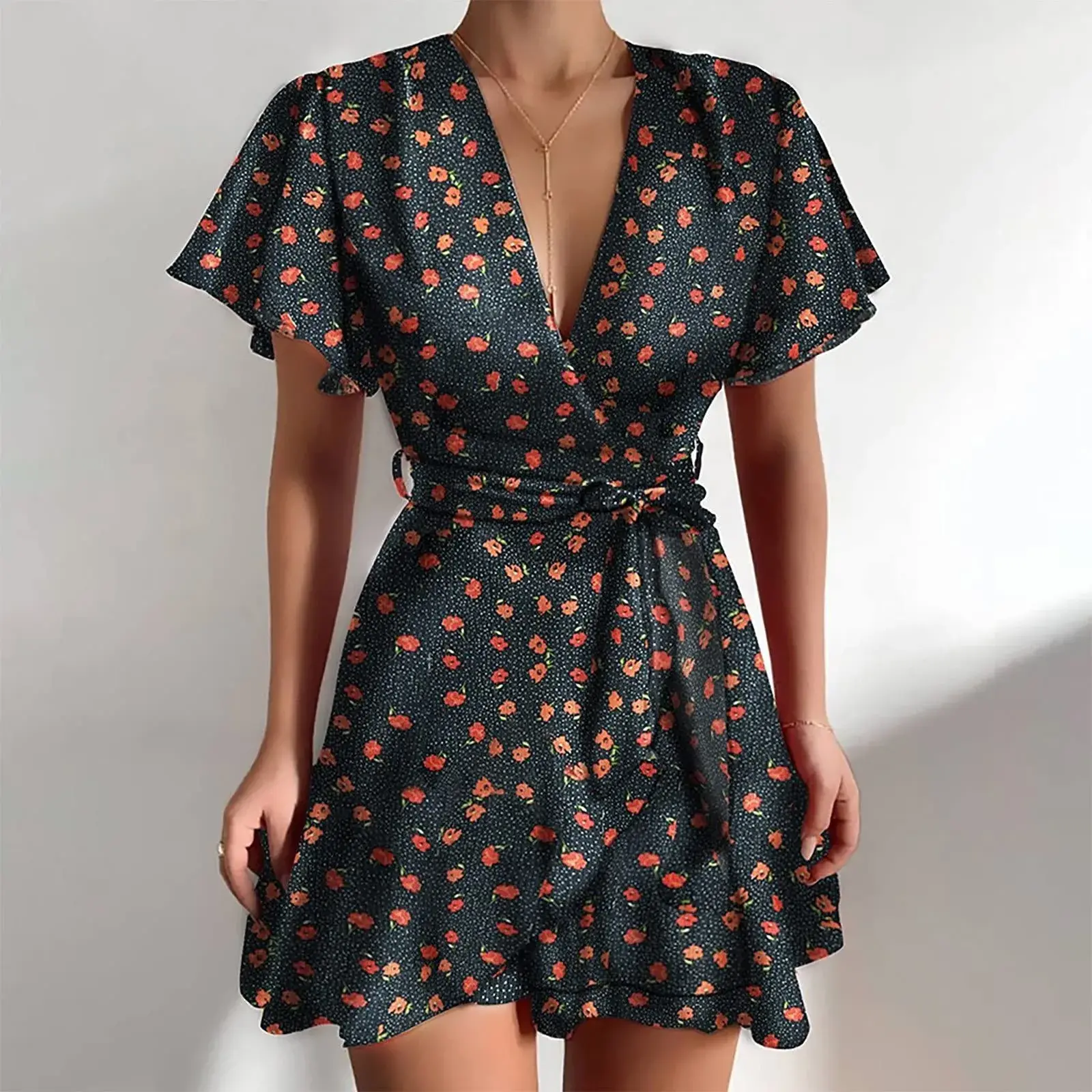 Summer Women’s Floal Dress Sweet Elegant Floral Ruffles V-Neck Bandage Short