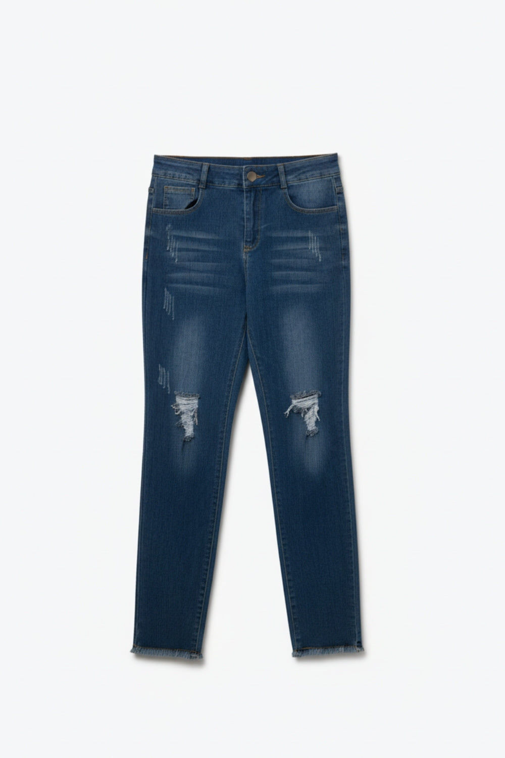 Distressed Skinny Jeans in Mid Wash With Raw Edge