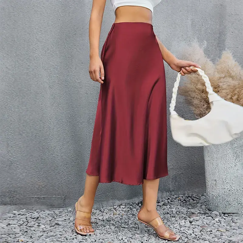 Satin Skirts for Women Korean Style Champagne Office High Waist A-Line Skort