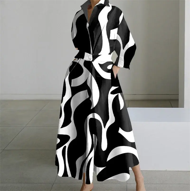 Plus Size Dress for Women Summer Elegant Lapel Oil Painting Button Shirt Dress