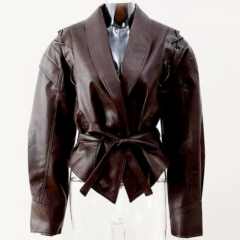 Thumbnail: Fashion Lapel Wine Red Leather PU Jacket Autumn Winter Women's Jackets Vintage