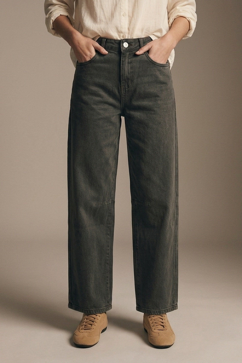Khaki Vintage Wash Denim Wide Leg Jeans With Seam at the Knee
